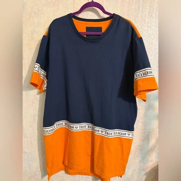 True Religion Mens Colorblock Panel Tee, 98% Cotton, Navy And Orange 3XL