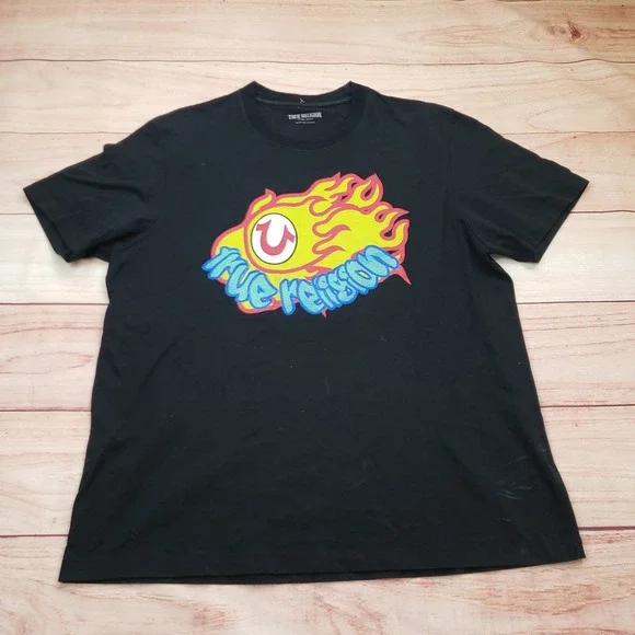 True‎ Religion Shirt Mens 2XL XXL Black Red Flame Short Sleeve Casual Adult