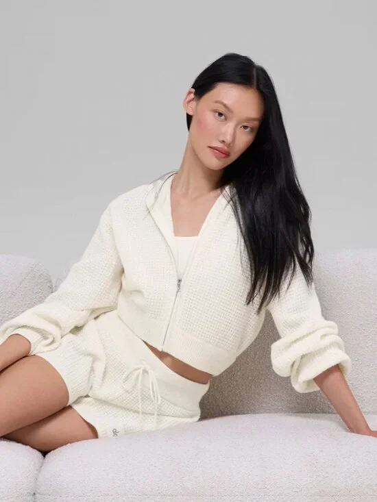 ALO Cashmere Plush Waffle Full Zip Hoodie, Ivory, size S