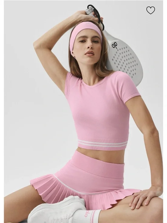 16. Alo Scholar Knit My Serve Short Sleeve - Pink Marshmallow/White
