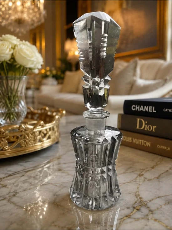 Vintage Smoky Gray Crystal Glass SmallDecanter with Faceted Stopper Purple Hue