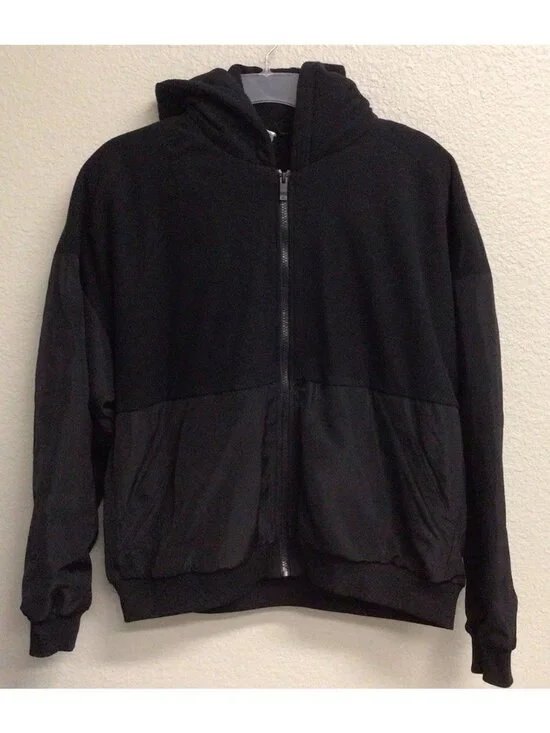 Alo Bomber Black Boxy Cozy Luxe Athleisure Jacket Hooded Warm Size Medium Fleece
