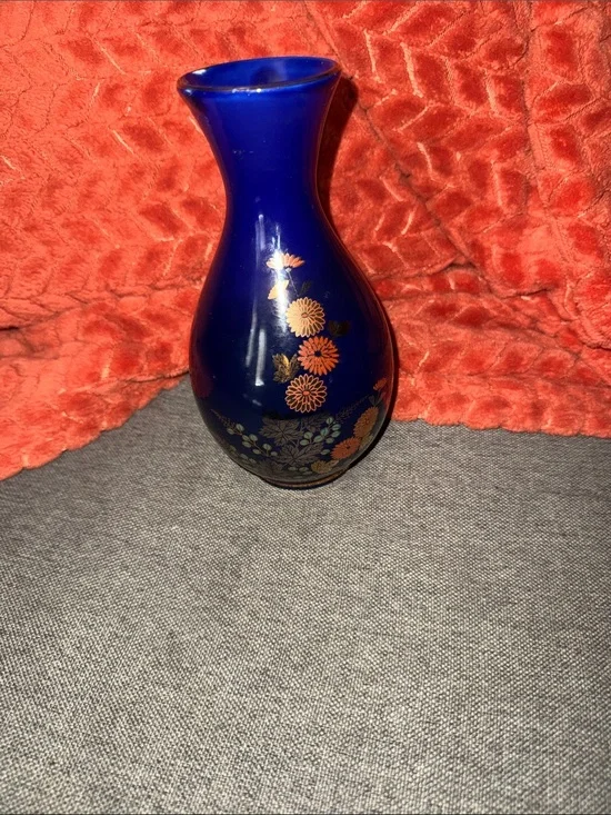Vintage Cobalt Blue Ceramic Bud Vase with Gold Trim & Chrysanthemum Floral Motif