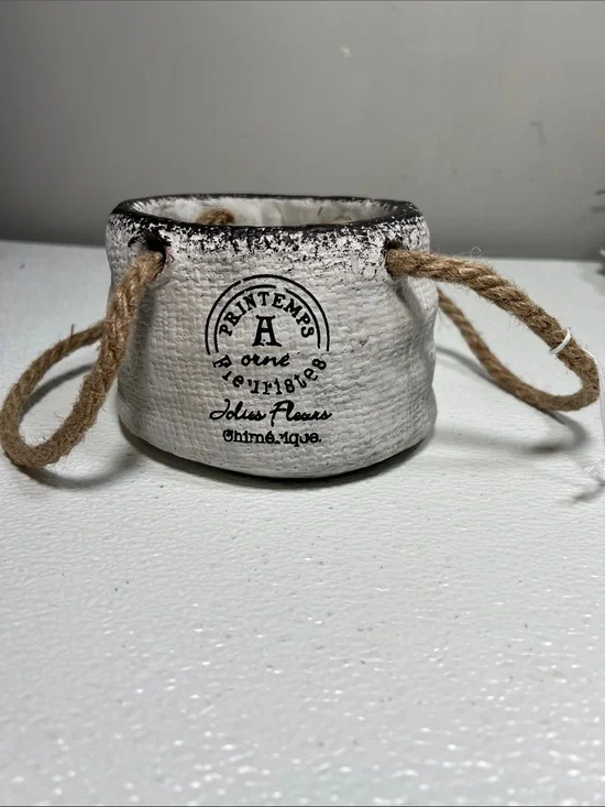 Rustic White Ceramic Planter with Rope Handles -