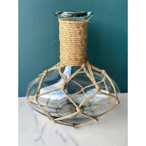 Nautical Glass Vase Jute Rope Wrapped Net Coastal Beach House Decor Centerpiece