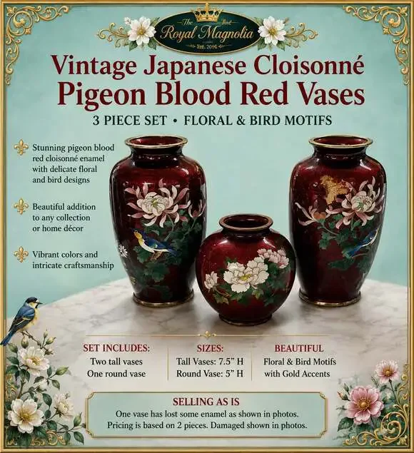 Vintage Japanese Cloisonné Pigeon Blood Red Vases 3 Piece Set Floral and Bird Mo