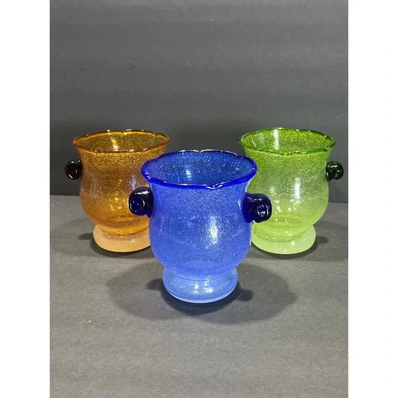 3 Hand Blown Seeded Glass Mini Urn Vases Scalloped Rim Scroll Handles 4.5in