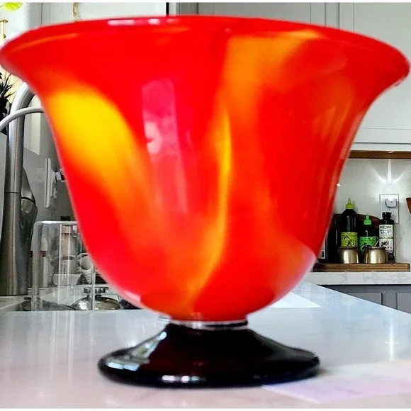 Red Orange Fire Blown Glass Bowl Vase Cobalt Blue Pedestal Base