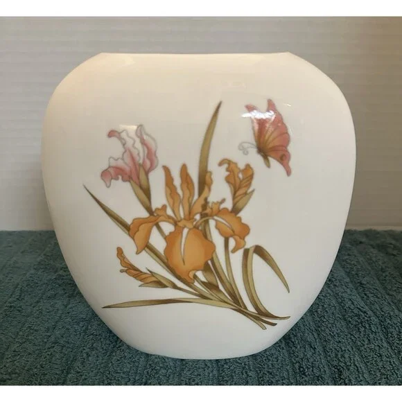 Vintage Japanese Flat Pillow Vase White Porcelain Iris Flower Butterfly Gold Rim
