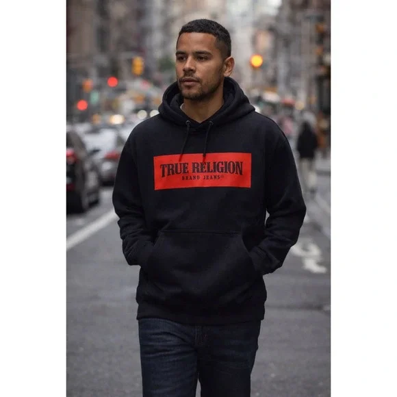 True Religion Brand Jeans Black Hoodie With Red Box Logo Size M‎