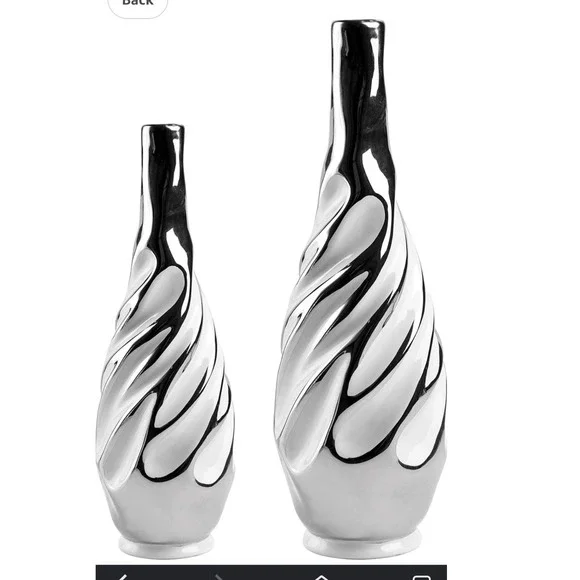 Yundu Silver White Ceramic Vase Set 2 Piece Spiral‎ Art Deco Modern Home Decor