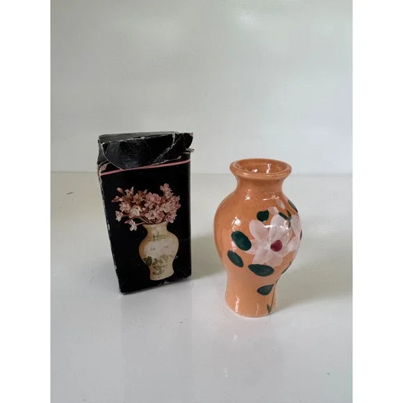 Vintage Miniature Ceramic Bud Vase Peach Floral Hand Painted Made in Taiwan Box