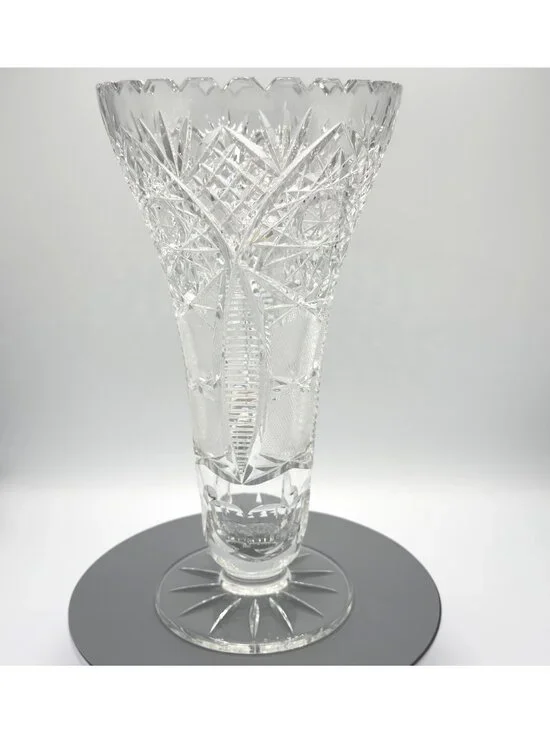 Vintage American Brilliant Cut Glass Trumpet Vase Hobstar 10