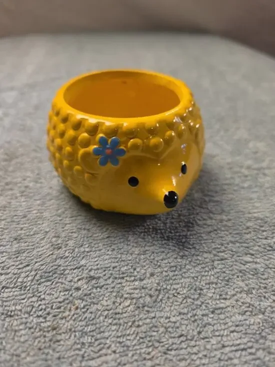 Vintage Rocket Farms Yellow Hedgehog Ceramic Mini Planter Succulent Pot Blue...