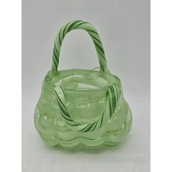 Hand Blown Murano Style Glass Purse Green Striped Art Glass  Block Crystal Vase