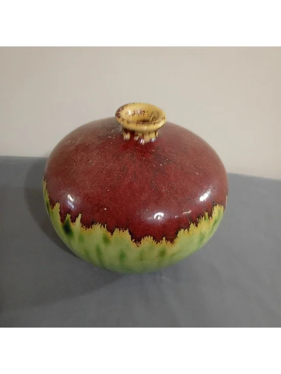 Vintage Ceramic Vase with Red and Green Glaze