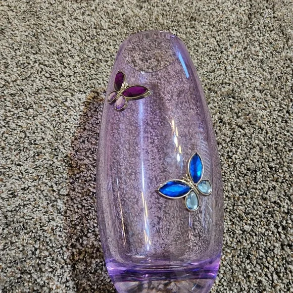 Teleflora Lavender Purple Lead Crystal Butterfly Vase Czech Republic Jeweled 8in