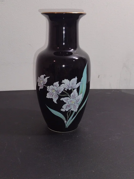 Japanese Weekend Black Ceramic Vase with Pale Pink Floral Design