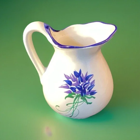 Blue and Purple Cornflower Pincushion Vtg Pitcher Vase‎ Jug Ceramic Decor 5.5