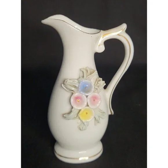 Cream Porcelain Pitcher Vase with Pastel Floral Appliqués and Gold Trim