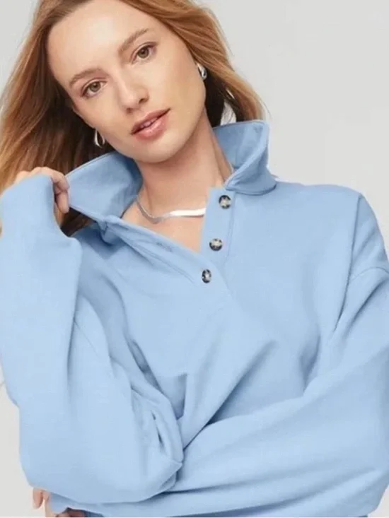 ALO Yoga Polo Henley Oversized Blue Cropped Pullover Sweatshirt XS