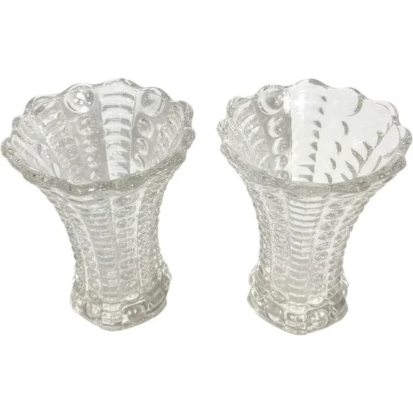 Indiana Glass Mayflower Clear Glass Bud Vases Pair Dots Rays 5