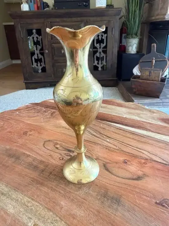 Vintage Hand Etched Brass Bud Vase with Ruffled Top India