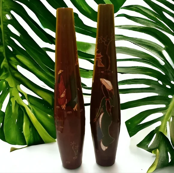 HOST PICK 😊 2 Vtg Oriental Asian Handpainted Bamboo Vases
