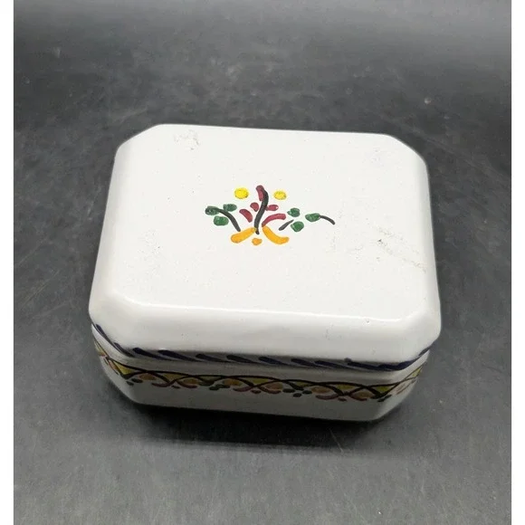 Vintage Spanish Hand Painted Ceramic Trinket Box Floral Folk Art Espana White 2