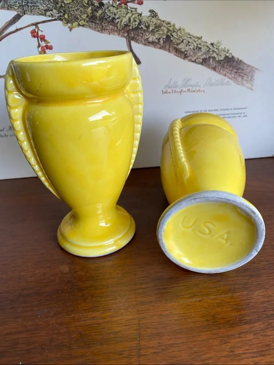 Shawnee USA 2 Vintage Sunny Yellow Ceramic Trophy Vases