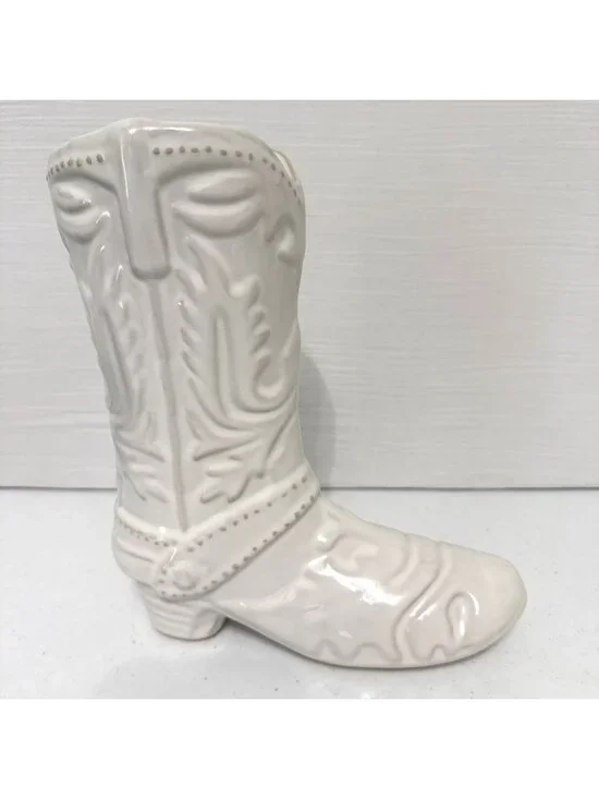 Cowboy Boot Planter Vase White Ceramic 8.5