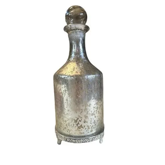 Decorative Silver Mercury Glass Bottle With Beaded Neck And Stamped Metal Stoppe