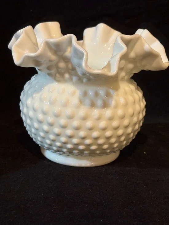 Vintage Fenton White Milk Glass Hobnail Double-crimped Ruffled Vase