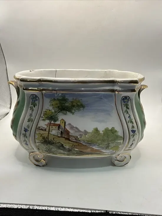 Vintage Italy Hand Painted Ceramic Footed Cachepot Planter Landscape Scene *