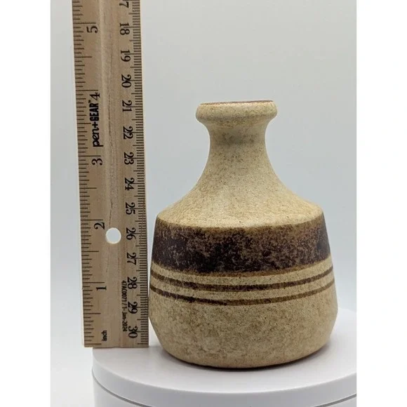 Pic USA Vintage Pottery Bud Vase Small Jug Beige Brown Striped 4in Handmade