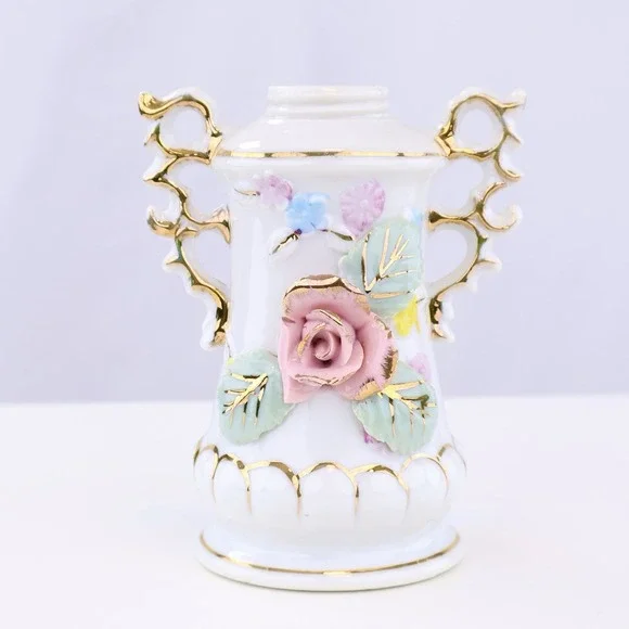 Vintage White Milk Glass Floral Vase Gold Gilt Pink Rose Double Handle 5