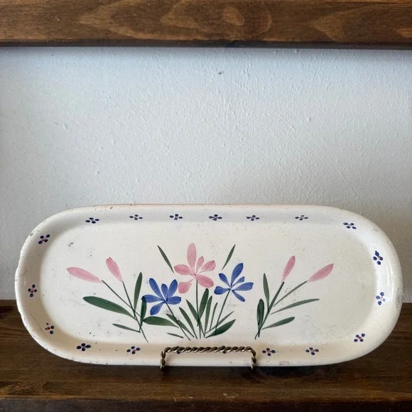 Vintage Hand Painted Floral Ceramic Tray Oval Folk Art Decorative Platter Cream