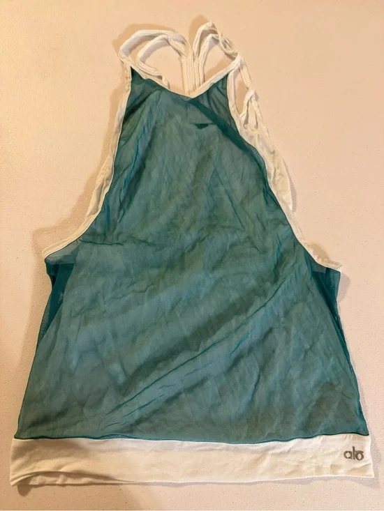 Alo Yoga Mesh Athletic Tank Top size XS Teal Sheer Logo Workout Shirt