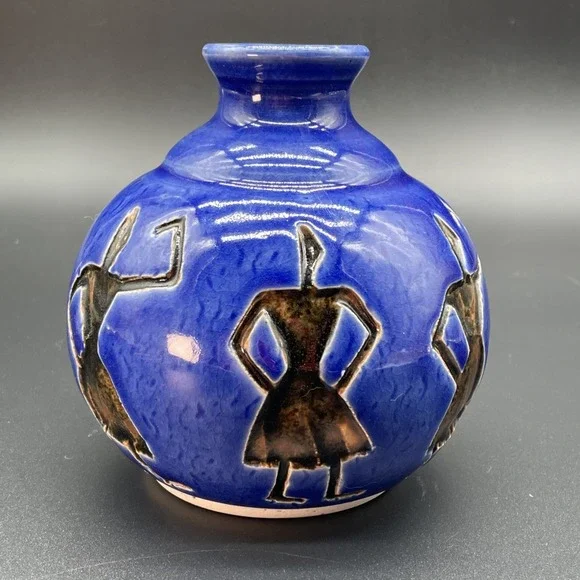 Studio Art Pottery Signed EVE Blue Glaze Vase Figure Imprints In Black Glaze