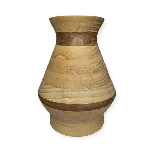 Vintage Handmade 1999 Signed Hand Turned Wood Vase Hickory with Walnut Unsealed