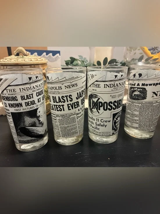 Vintage Newspaper Print Glass Tumbler - Black and Clear