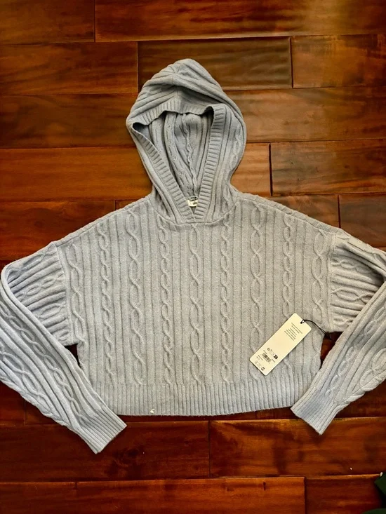 ALO Yoga Light Blue Cable-Knit Hooded Sweater
