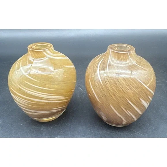VTG BROWN & AMBER‎ w/ WHITE Swirls Art Glass Bud Vase 3.75