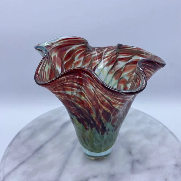 Vintage Artist Signed Studio Abstract Art Glass 1998 Handblown Ruffled Vase 7.5