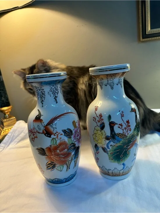 Decorative Chin Porcelain Floral & Bird Vases in White and Multicolor - Set of 2
