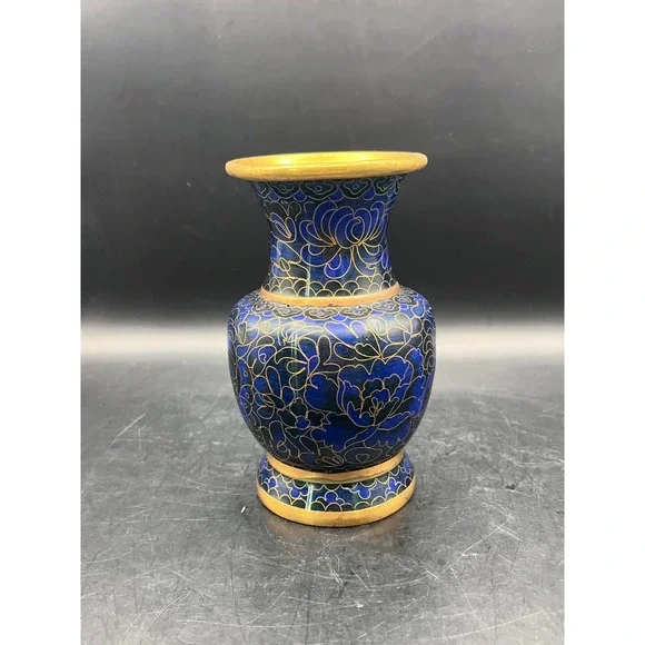 Vtg Cloisonne Vase Oriental Floral Blue Gold Small Decorative Vase 5.25