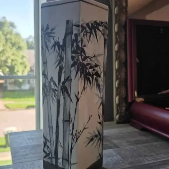 Vintage Pier 1 Imports ceramic square column vase  hand-painted bamboo