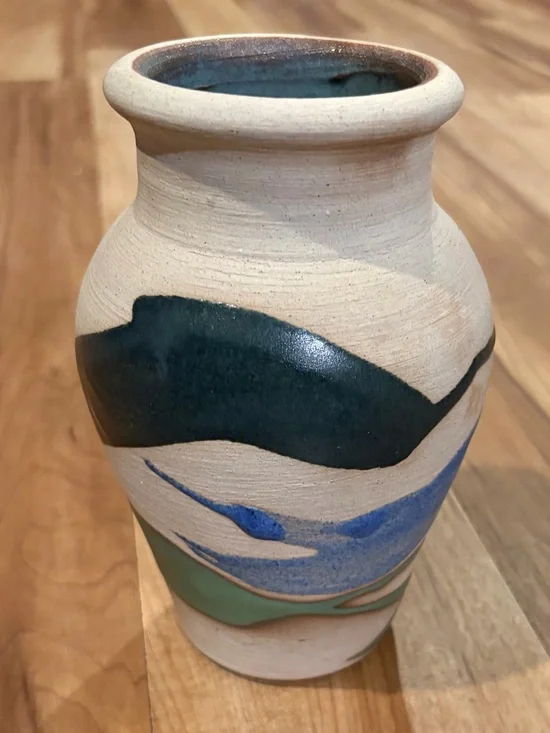 Vintage Madocrusa Alfadom Stoneware Pottery Vase Cream, Blue & Green