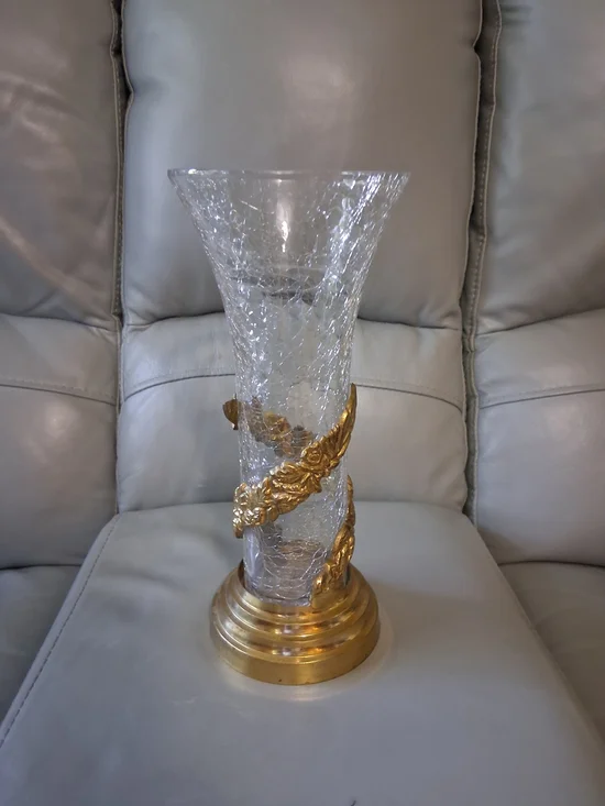 Vintage Brass & Crackled Glass Vase