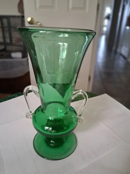 Green Vase with clear glass handles 10 1/4